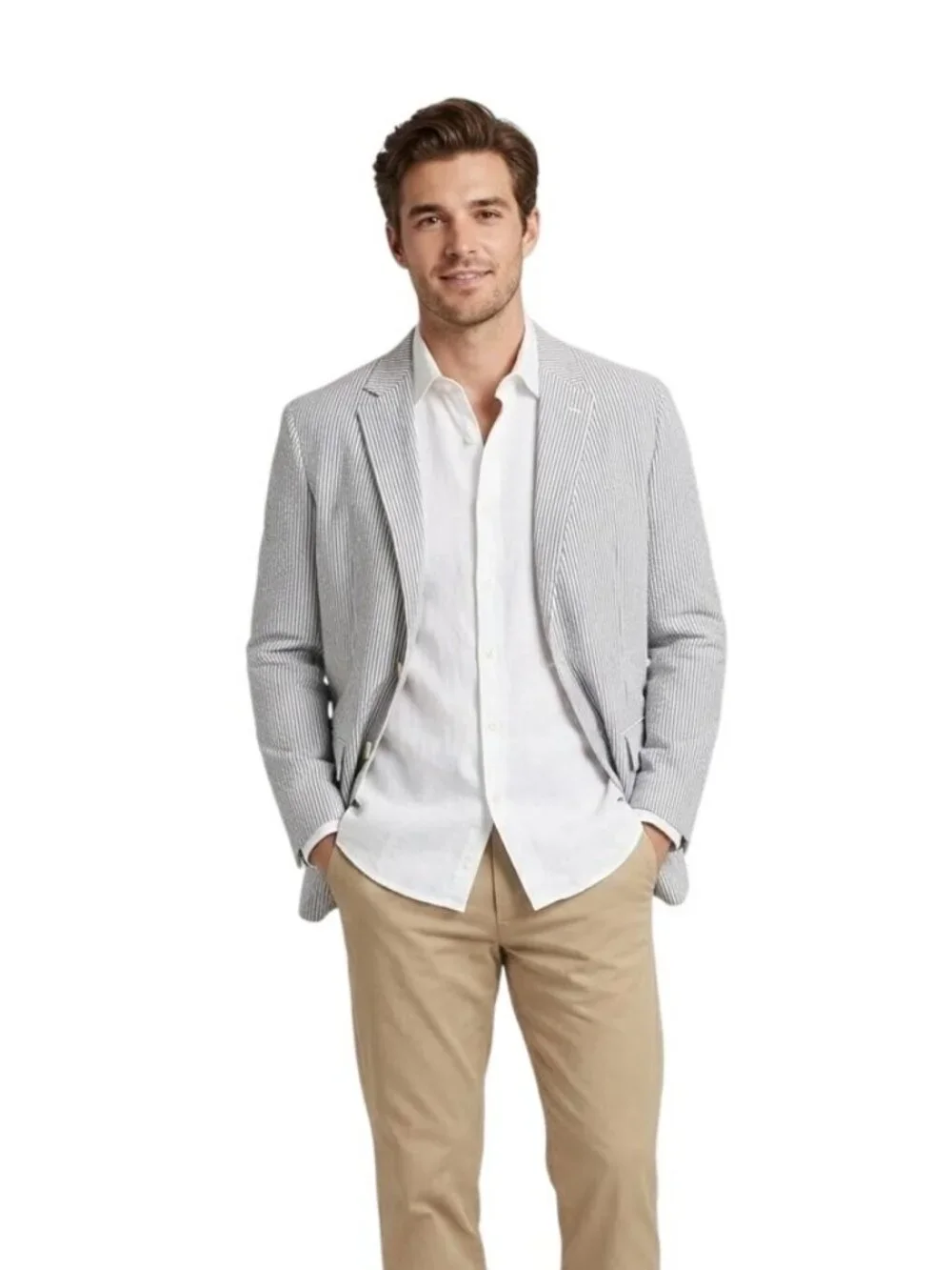 Blue White Striped Cotton Unstructured Seersucker Blazer L Lightweight Nautical